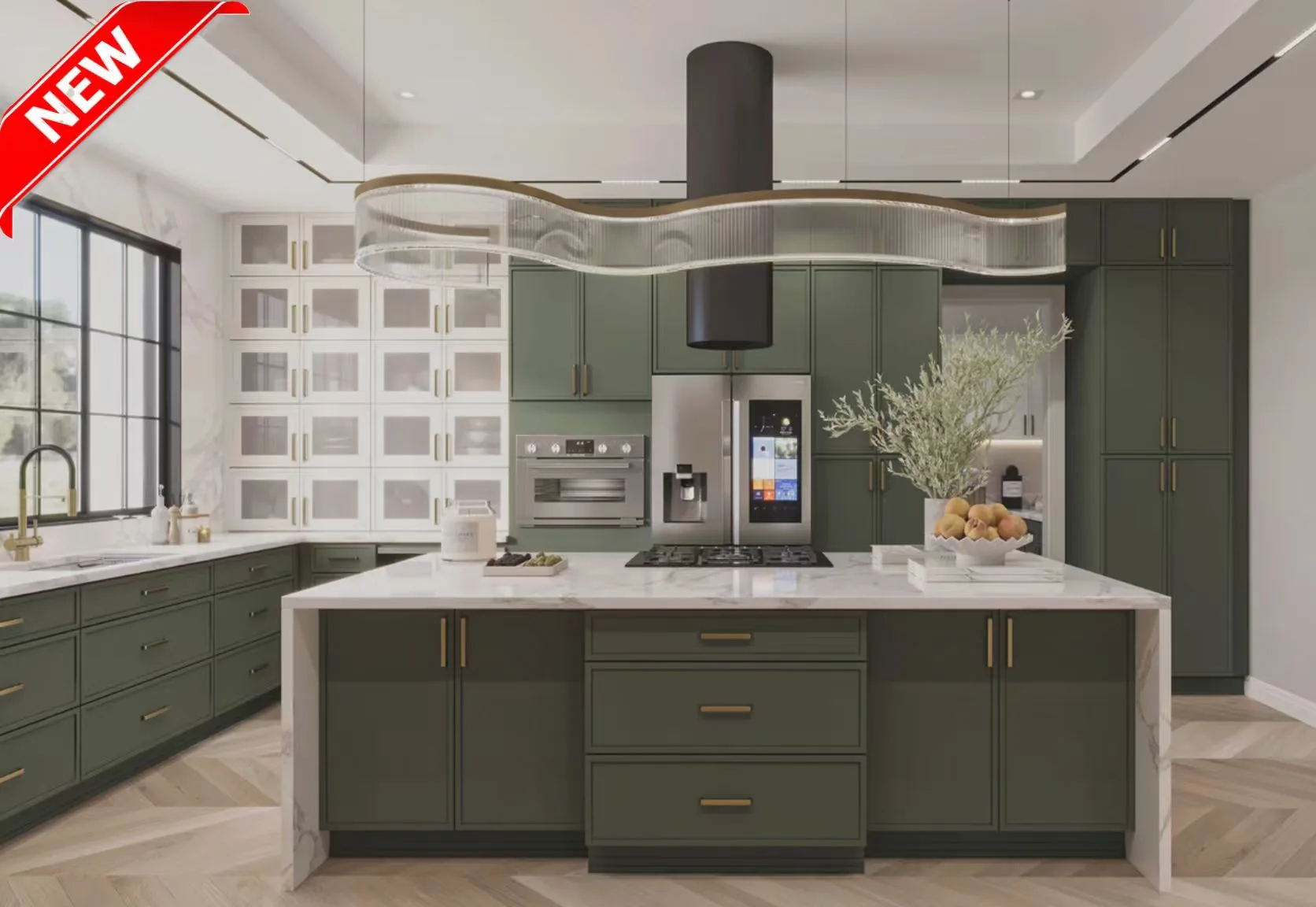 Slim Shaker Green kitchen cabinets installed in Toronto home