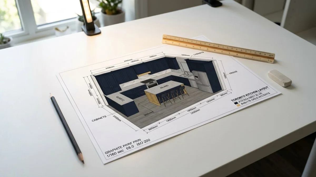 3D rendering of a planned kitchen layout with annotations