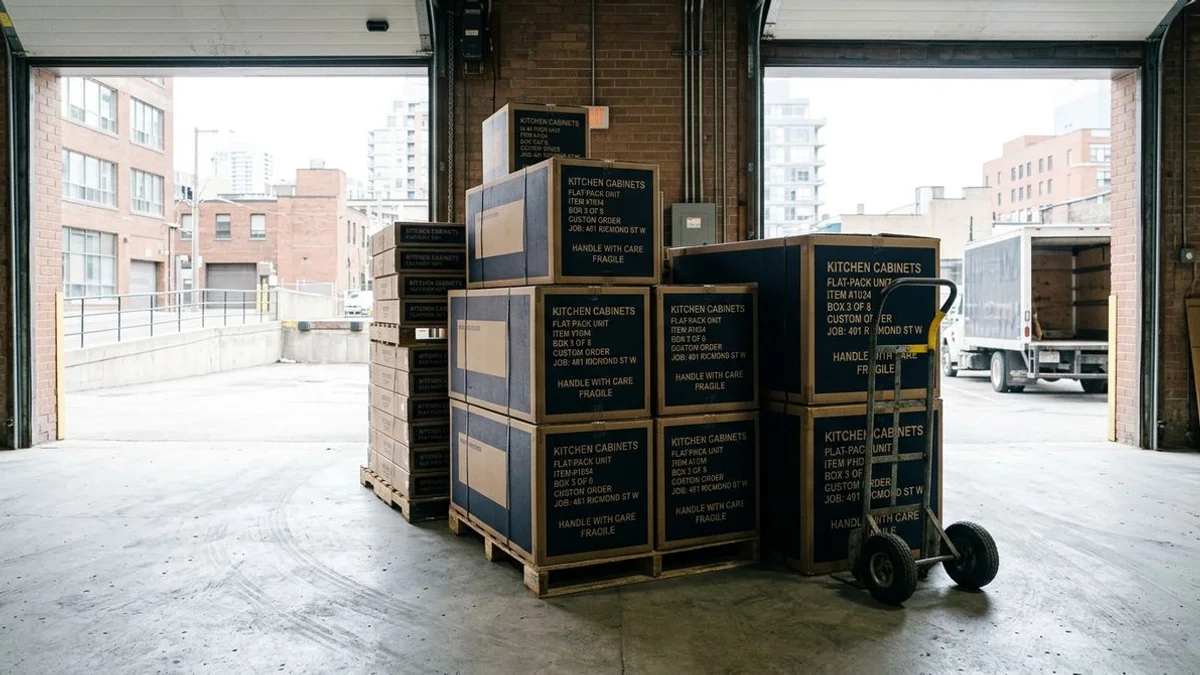 Cabinet delivery at a Toronto condo loading dock