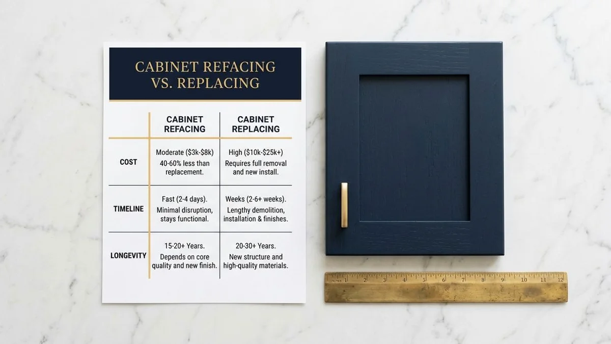 Comparison chart of refacing vs. replacing. Cost, timeline, longevity