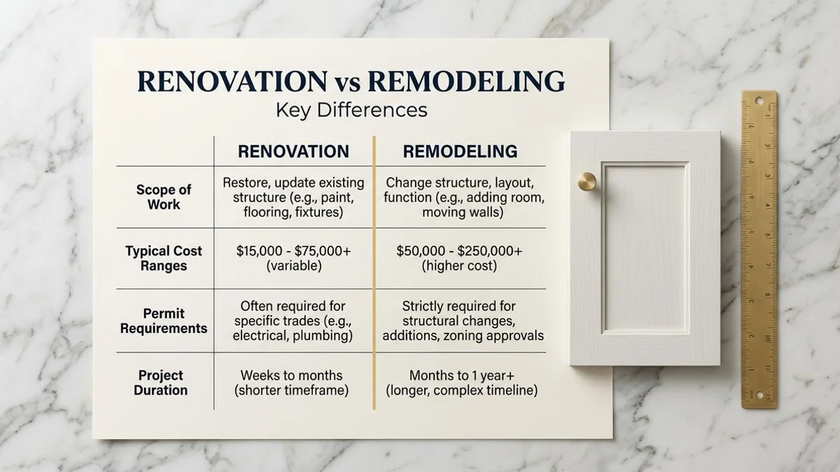 Comparison chart of renovation vs remodeling scope and typical cost ranges