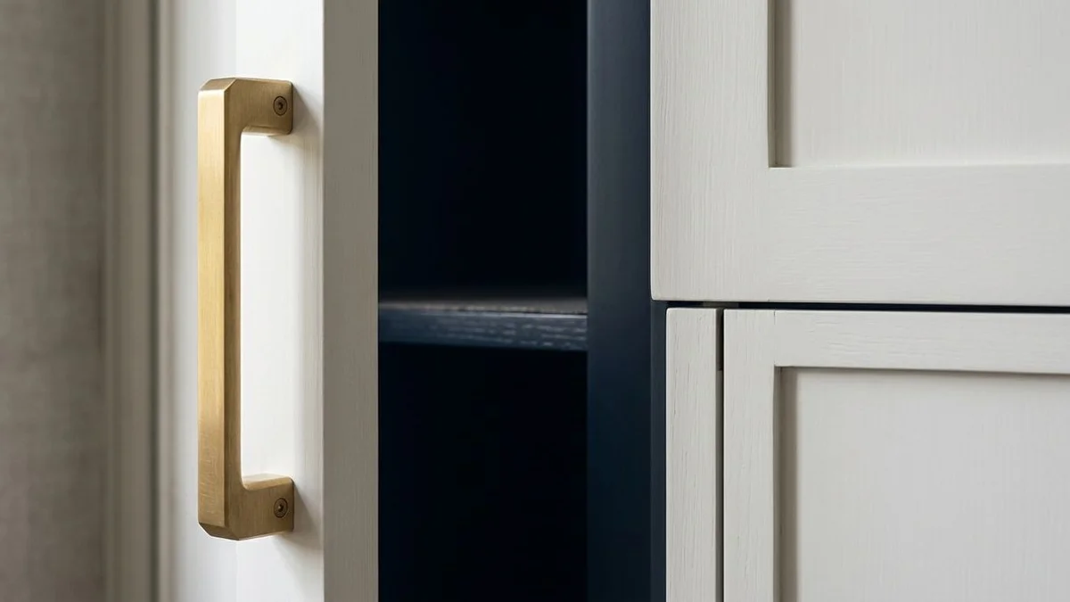 Detail of custom cabinet door joinery and brass hardware