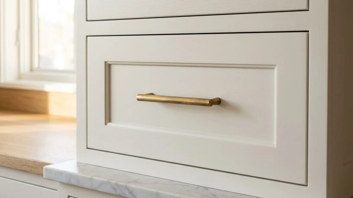 Shaker-style cabinet door with brushed brass pull