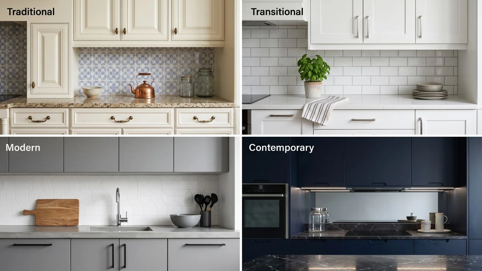 Four-panel collage of kitchen cabinet styles: traditional, transitional, modern, contemporary