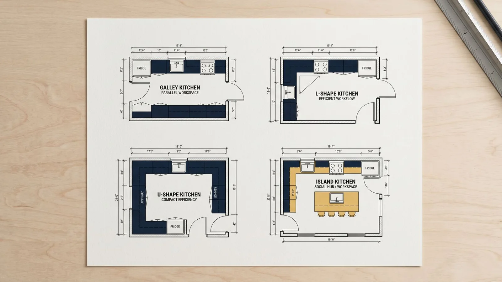 Four-panel collage of kitchen layouts: galley, L-shape, U-shape, island