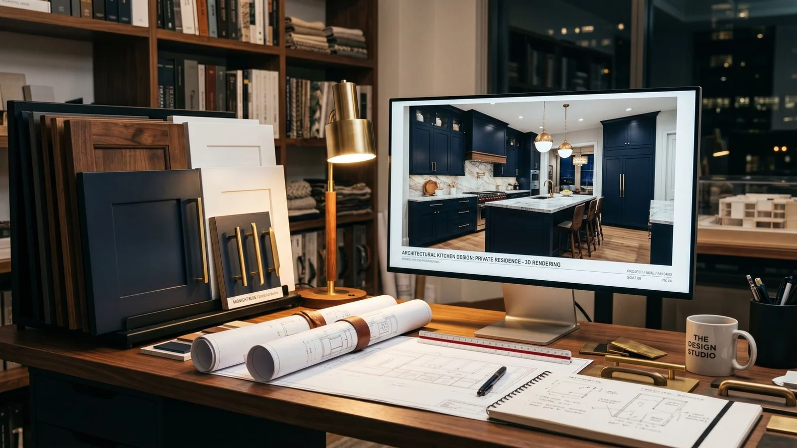 Kitchen designer's workspace with 3D rendering, samples, and sketches