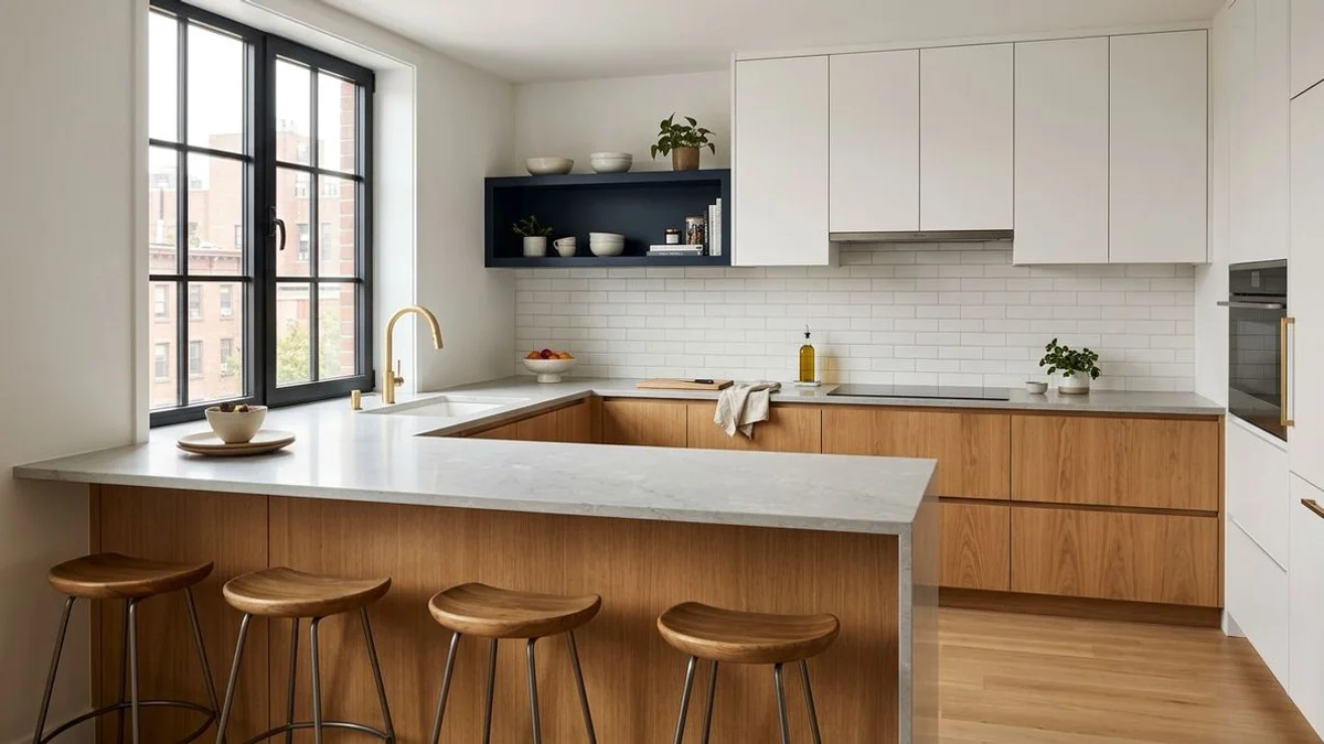 L-shape condo kitchen with peninsula seating
