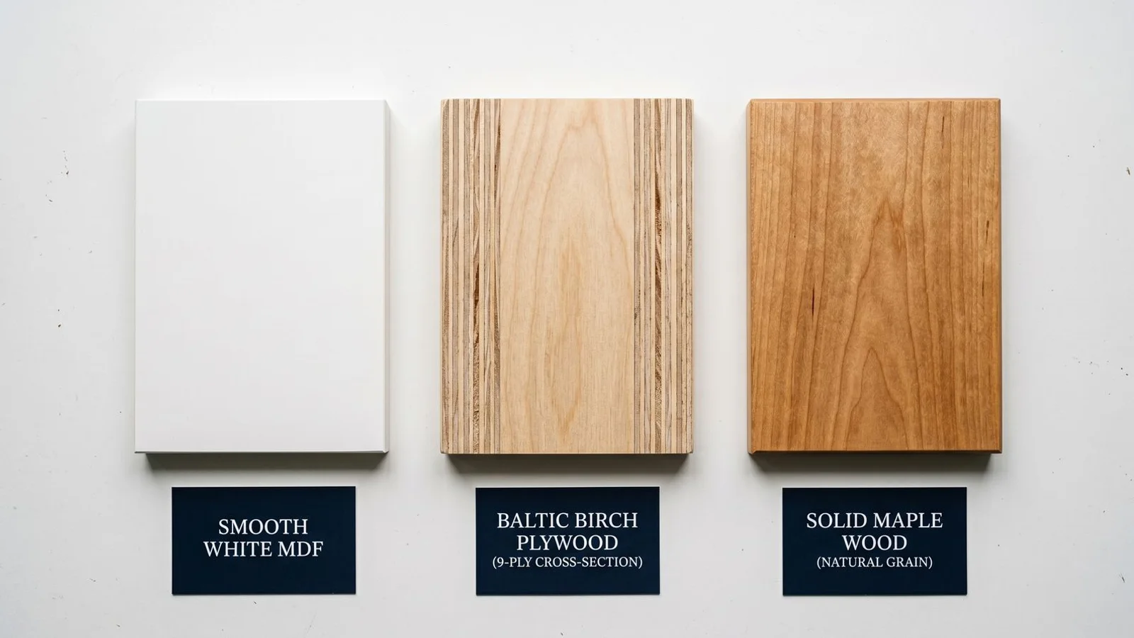 Cabinet material samples: MDF, plywood, and solid maple, laid out flat