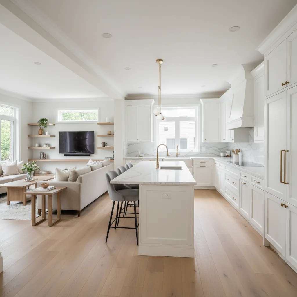Open concept kitchen renovation in Toronto. Wall removed to connect kitchen and living area