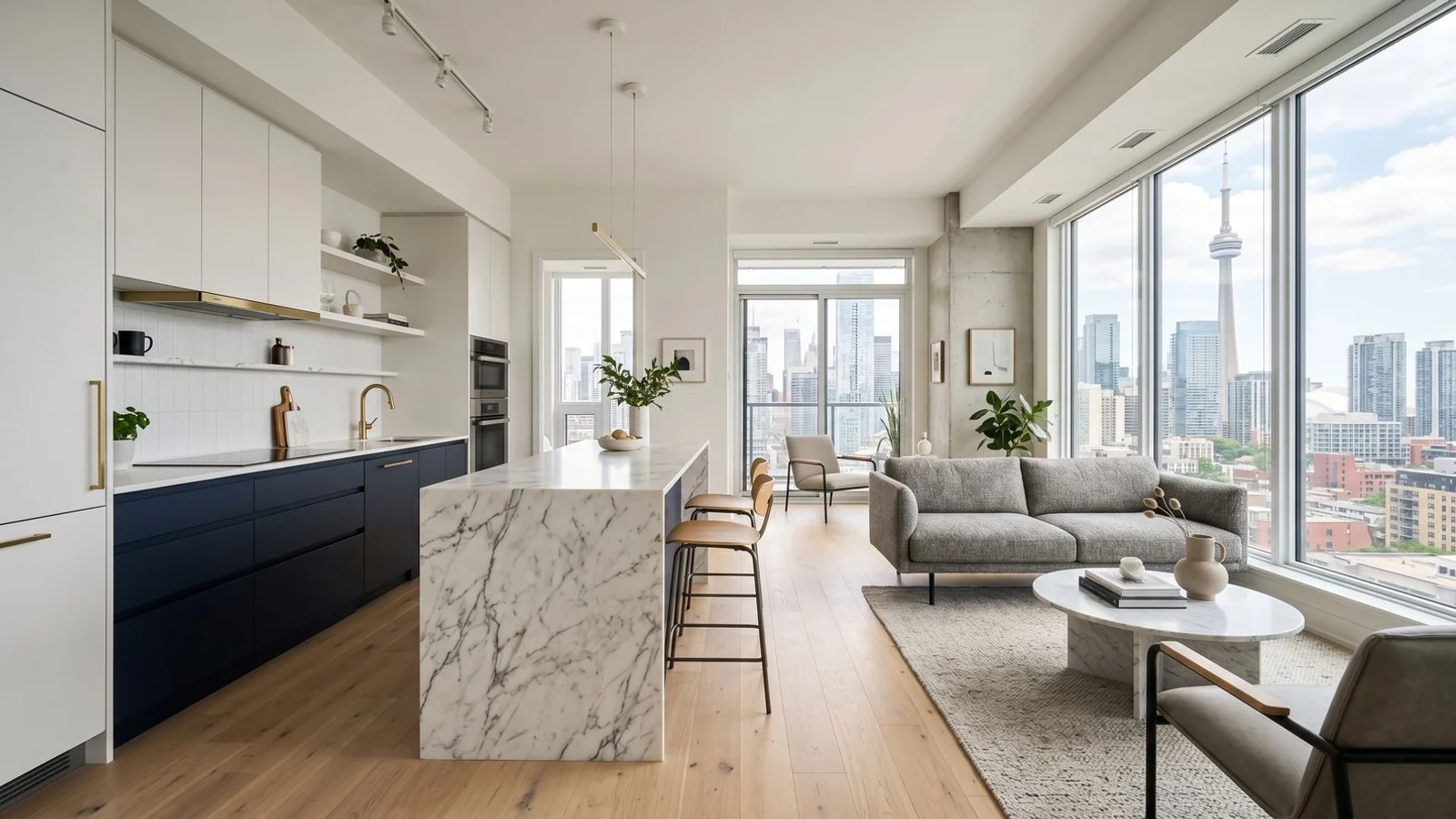 Open concept Toronto condo kitchen flowing into the living area