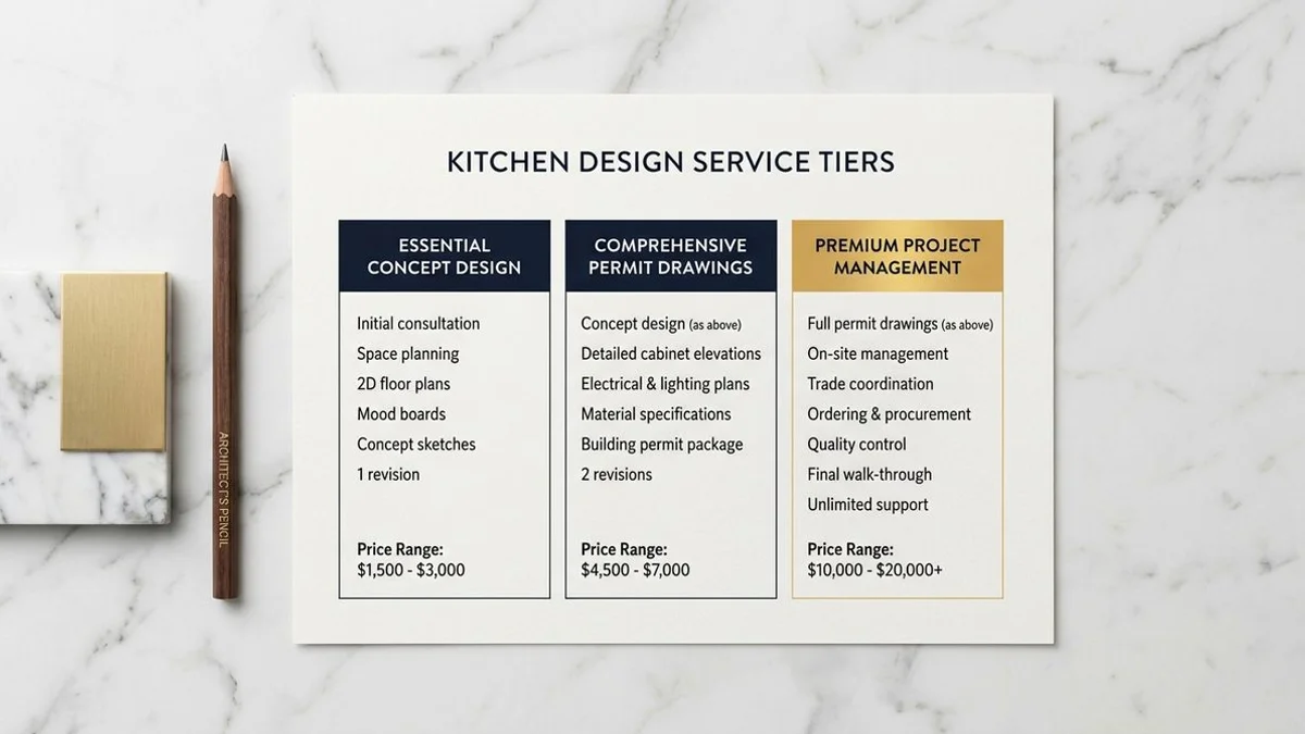 Pricing tier comparison: concept design vs. full drawings vs. project management