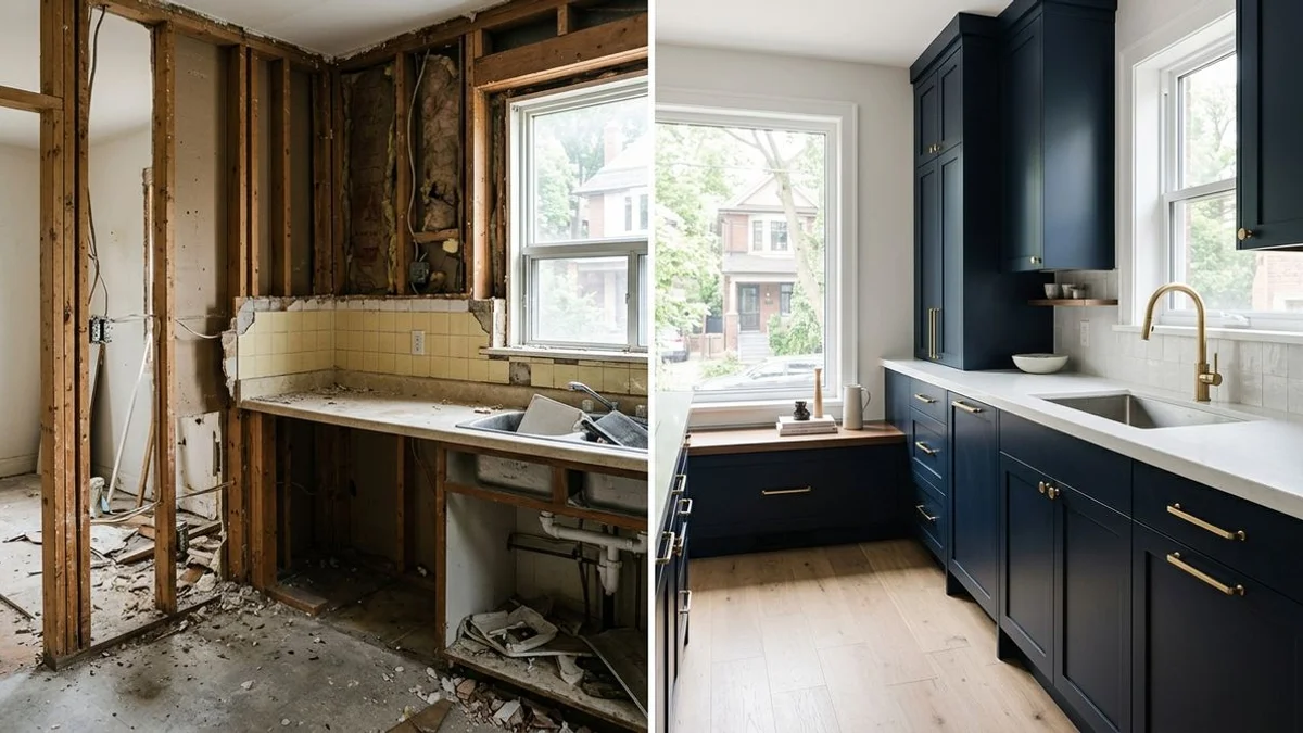 Before-and-after concept comparing a poorly executed renovation with a properly finished kitchen