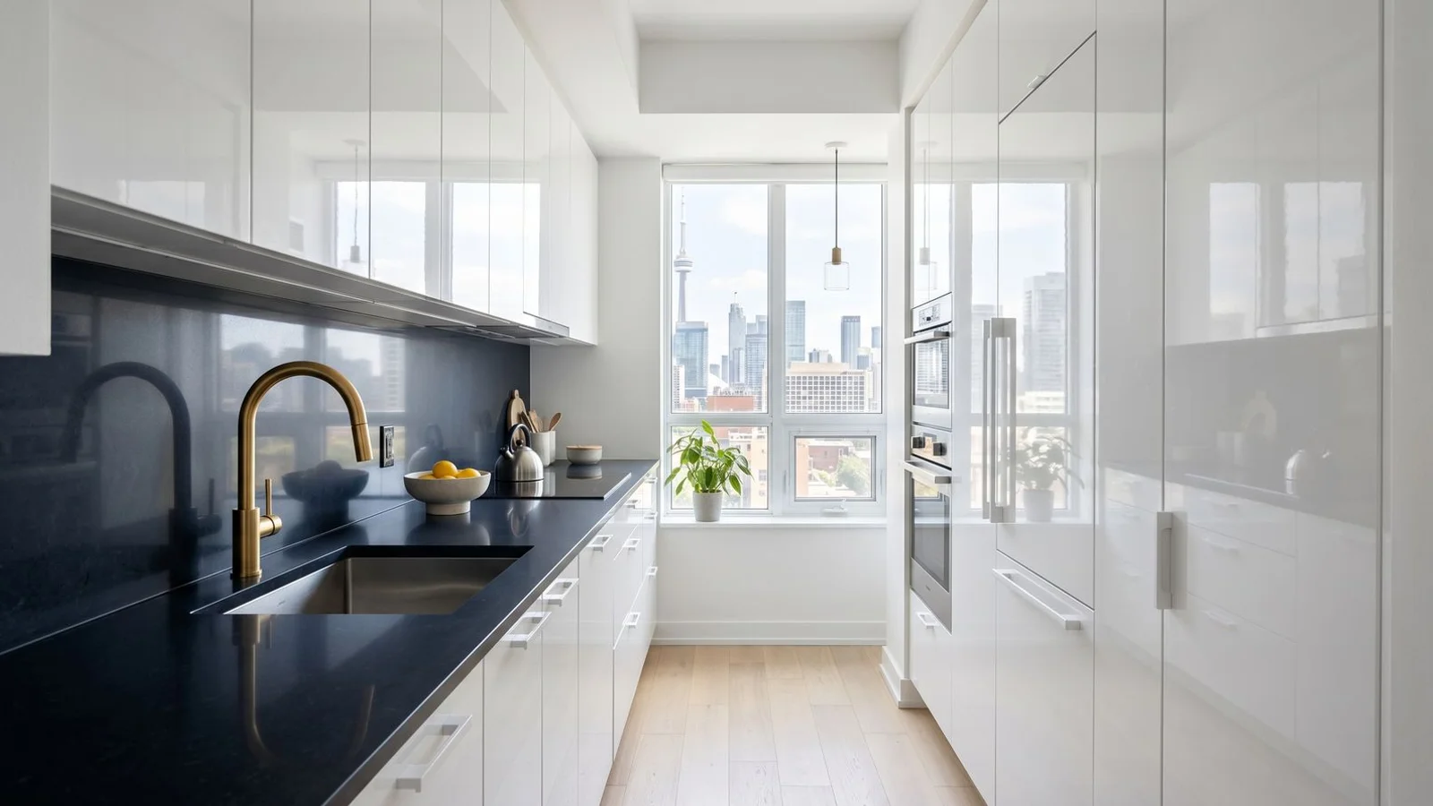 Sleek small downtown Toronto condo kitchen in galley layout