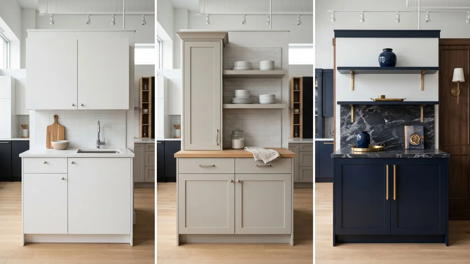 Three-tier visual comparing stock, semi-custom, and full custom Toronto kitchen cabinets