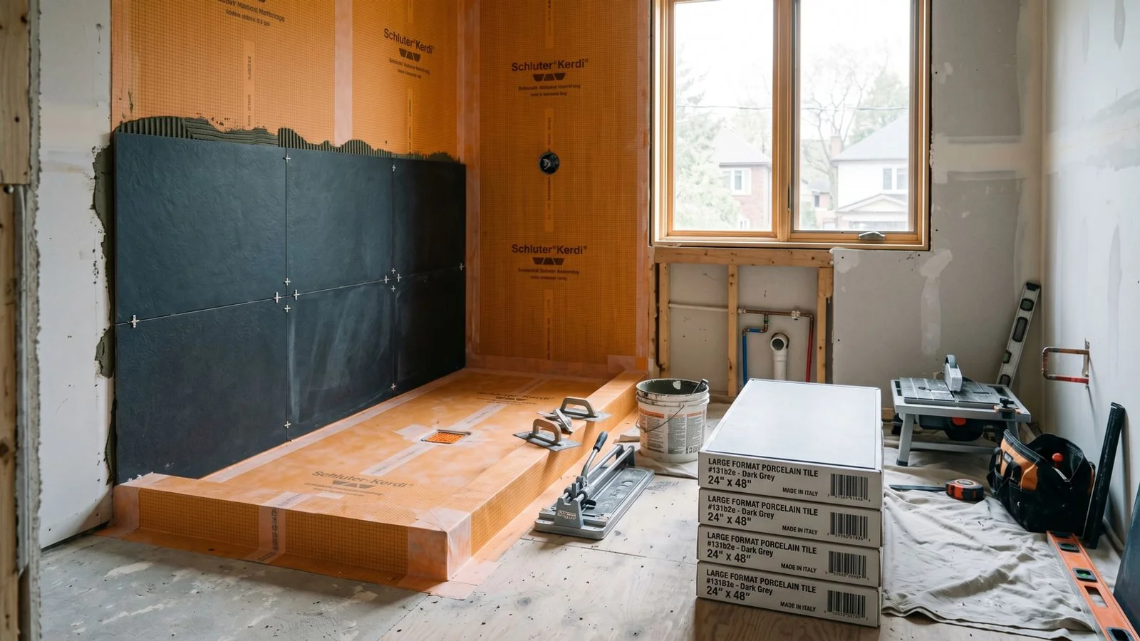 Toronto bathroom mid-renovation with Schluter Kerdi waterproofing visible