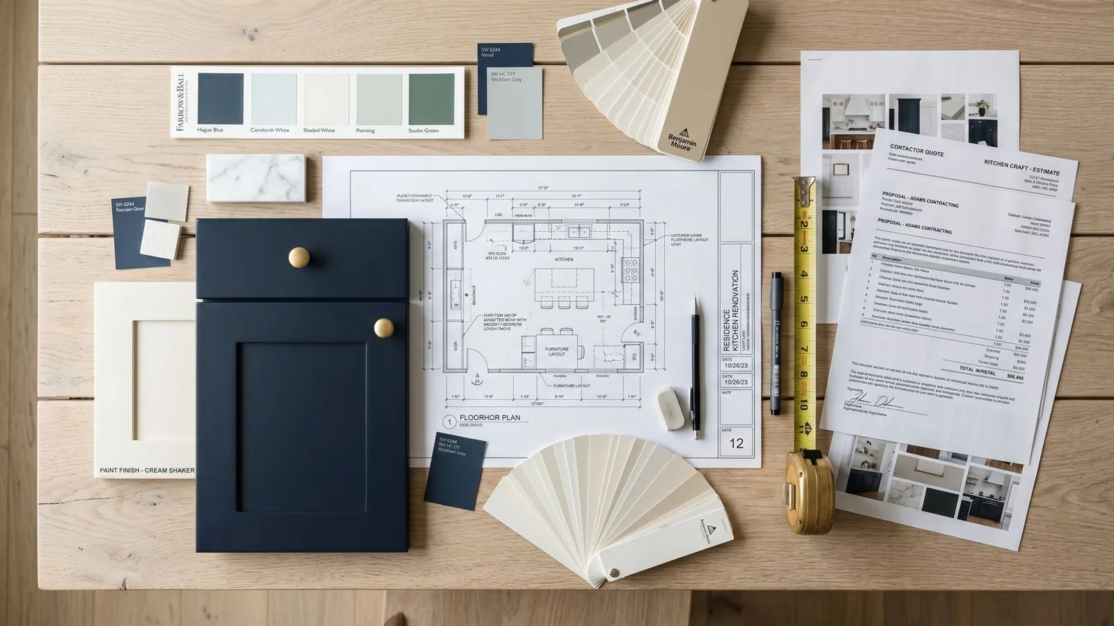 Toronto kitchen planning materials laid out: sketches, paint chips, cabinet samples