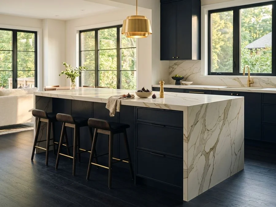 Toronto kitchen island with custom waterfall marble countertop