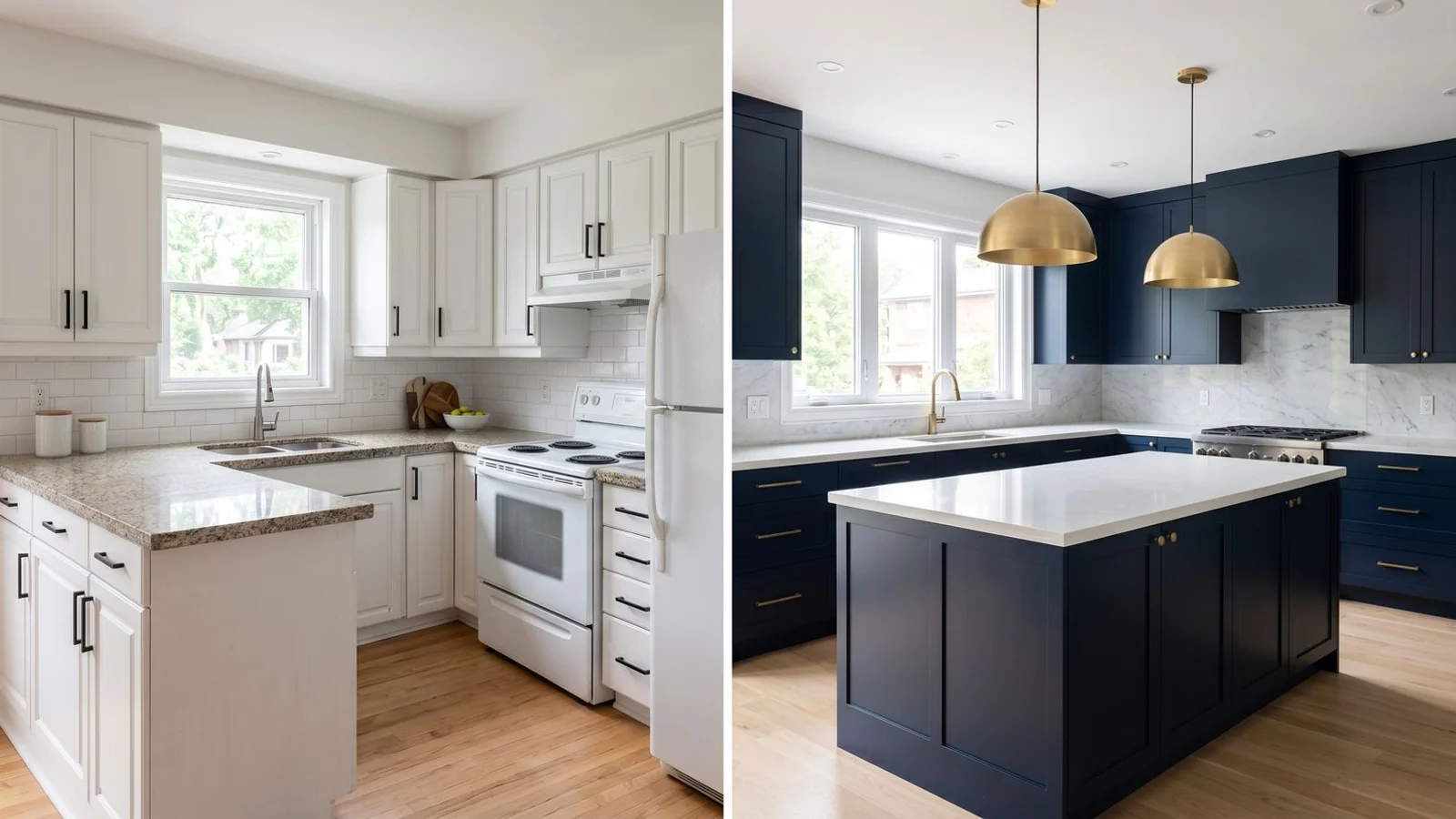 Two completed Toronto kitchens shown side by side: cosmetic refresh next to full structural remodel